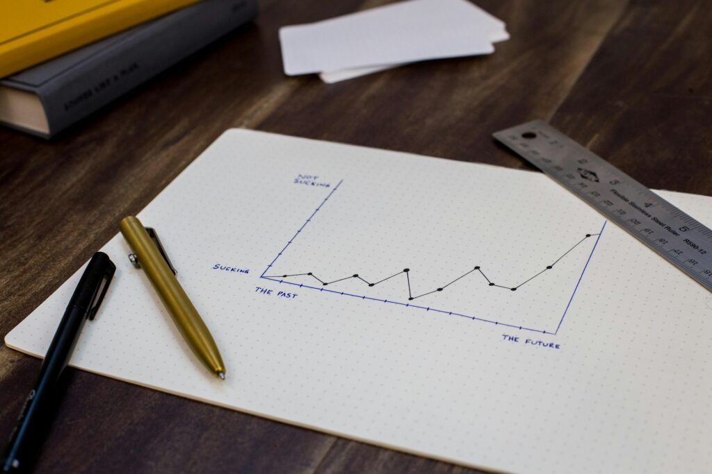 A graph titled "Success" shows an upward trend, drawn on grid paper with pens, a ruler, and books nearby on a wooden desk—symbolizing the positive impact of unclaimed mortgage relief on financial growth.