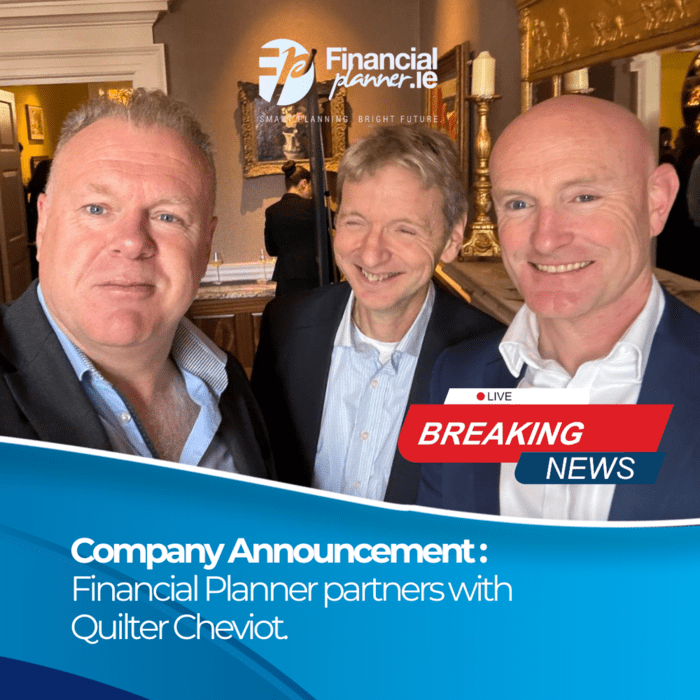 Three men in business attire smile for a photo at an indoor event. Text overlay announces a partnership between Financial Planner and Quilter Cheviot, celebrating this exciting collaboration in the financial services sector.