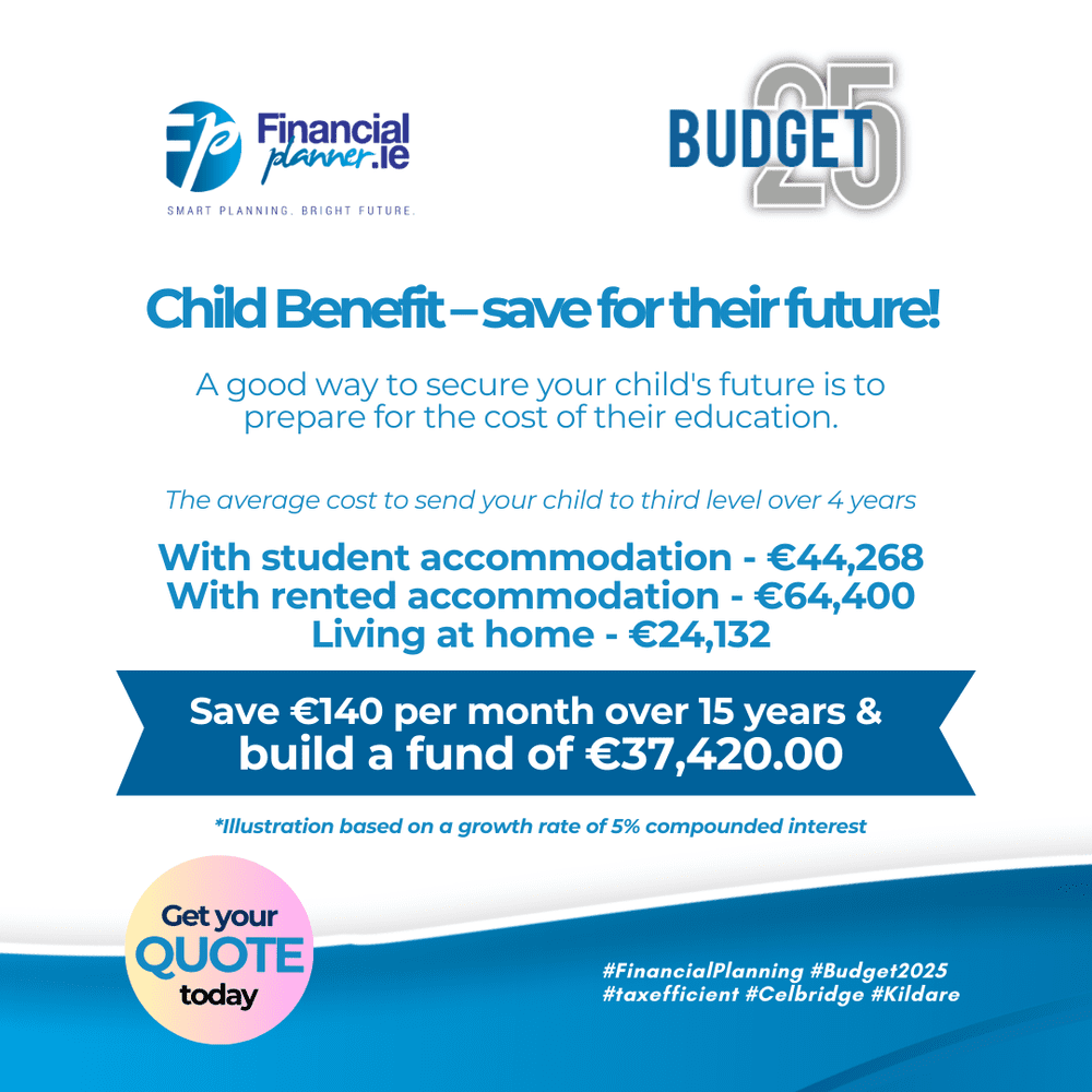 Informational graphic about saving for a child’s education, highlighting how motivation and smart planning can lead to success. It compares accommodation costs and potential savings over 15 years with a fund of €37,420.