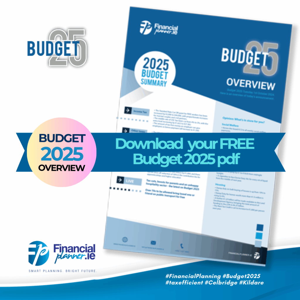 A promotional graphic for FinancialPlanner.ie offering a free downloadable Budget 2025 PDF, featuring text and business branding in blue and white tones.