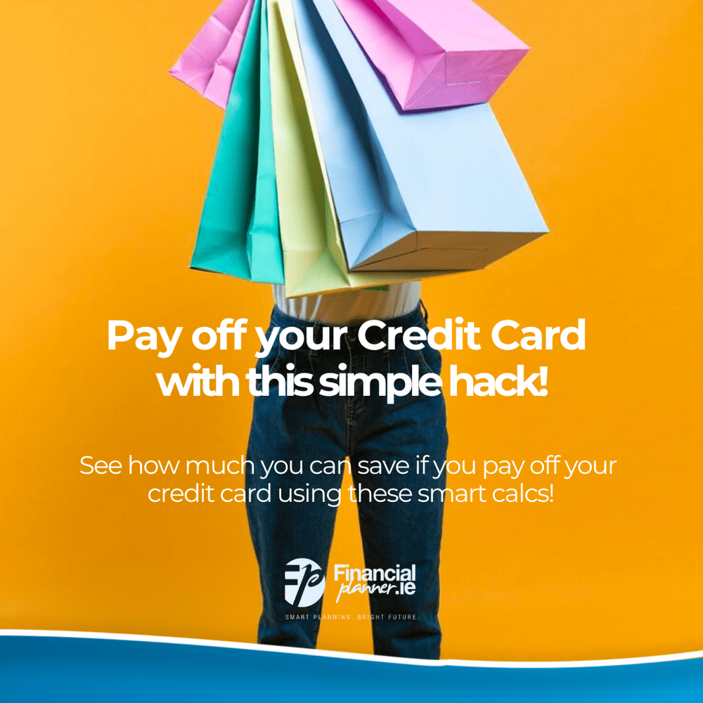 Person holding colorful shopping bags in front of their face. Text promotes using a Credit Card Interest Calculator as a simple hack to pay off credit cards and save money. Financial Planner logo at the bottom.
