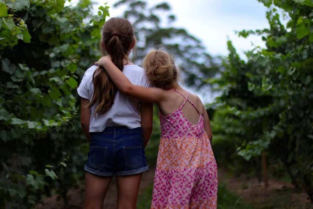 Two girls stand side by side in a local vineyard, one with her arm around the other’s shoulders, facing away from the camera.