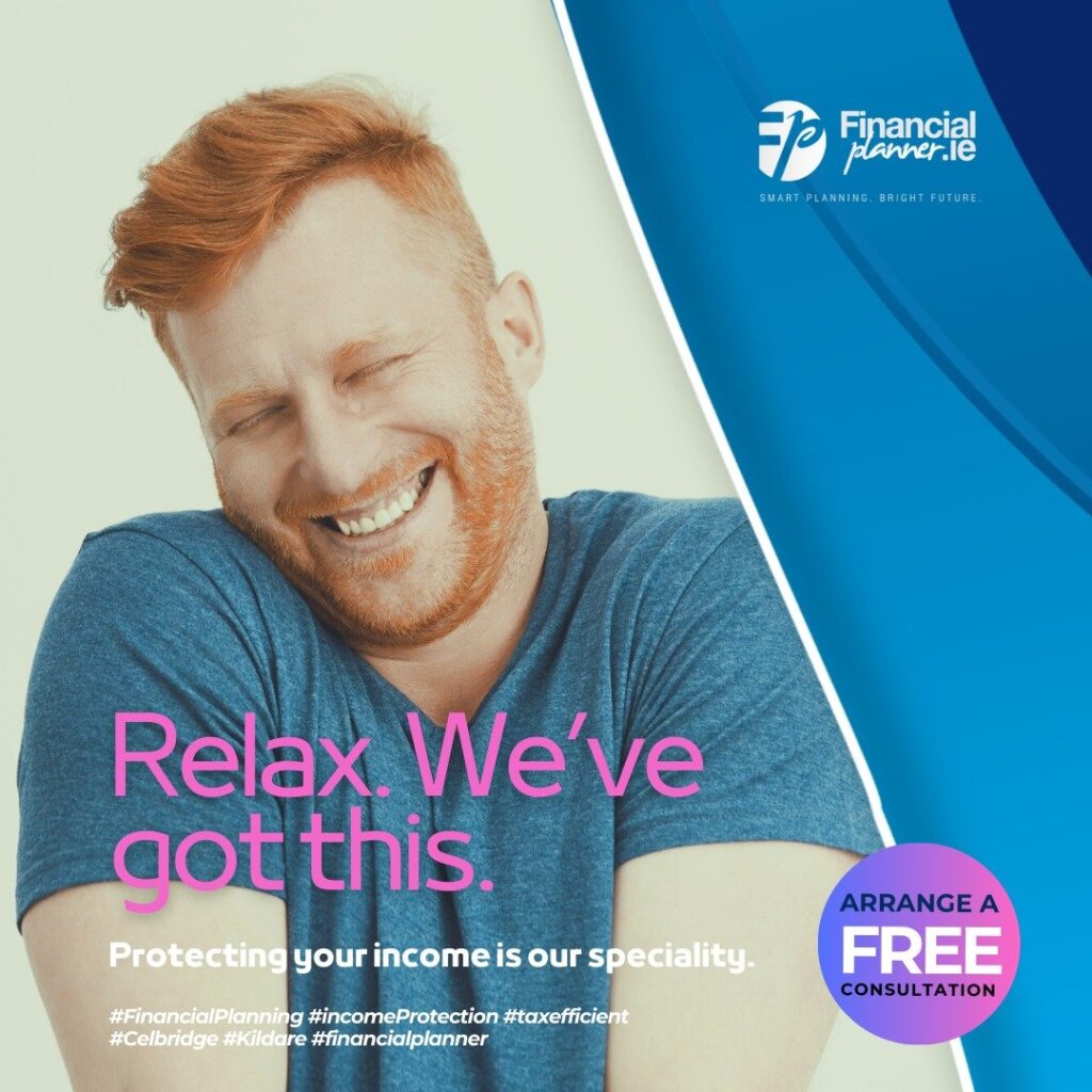 A smiling man with red hair and a beard sits against a colorful backdrop with the Financial Planner logo and text promoting stress-free income protection and free consultations for peace of mind.