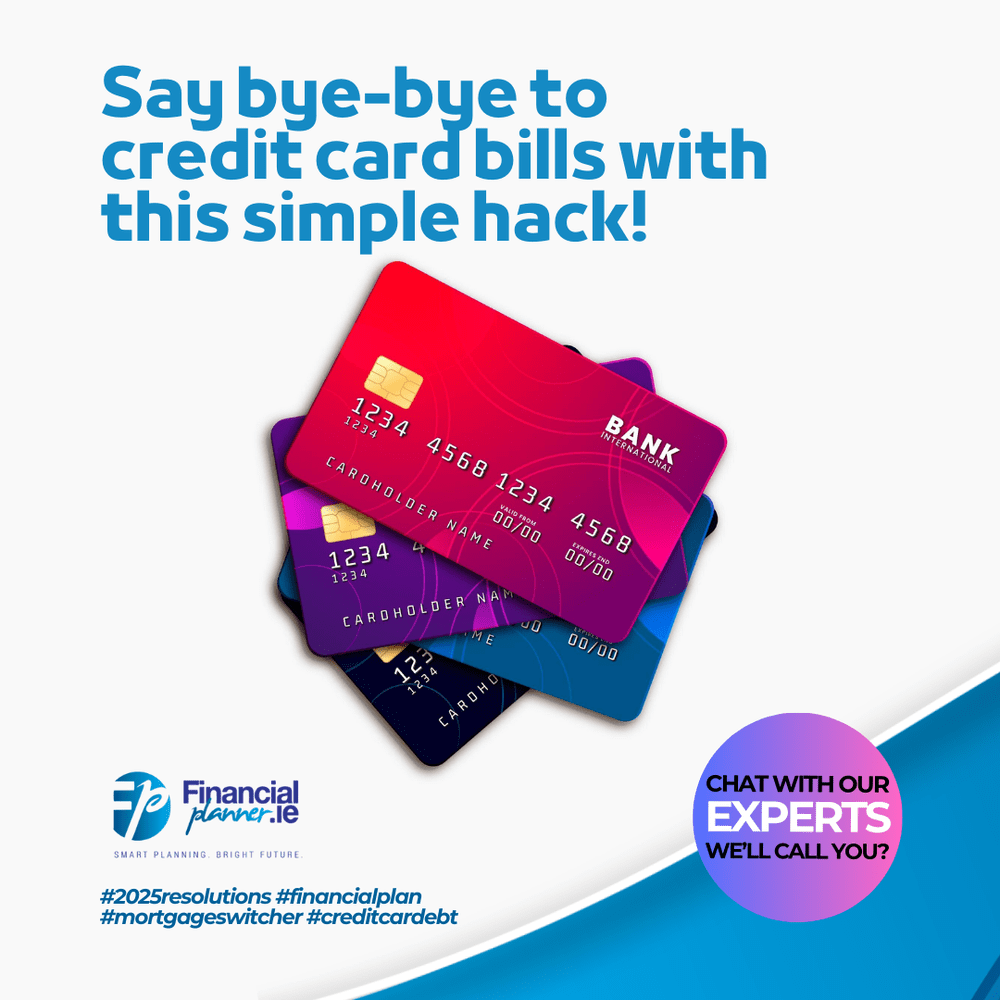 A stack of three colorful credit cards with text promoting a financial planning service to help you manage and reduce your credit card bills.