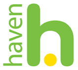 Green lowercase "h" with a yellow dot at the base, and the word "haven" written vertically on the left in green.