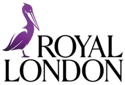 A purple pelican stands above the words "Royal London" written in large, black uppercase letters.